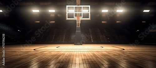 A basketball court with a ball in motion and stadium lights. photo