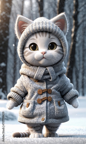 Cat with knitted hoodie in the snow