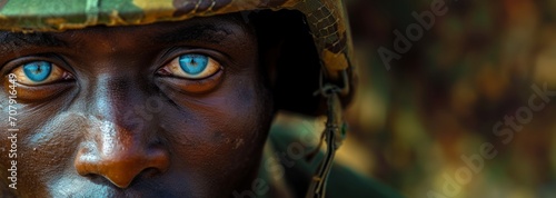 African American soldier in helmet portrait close-up Generative AI