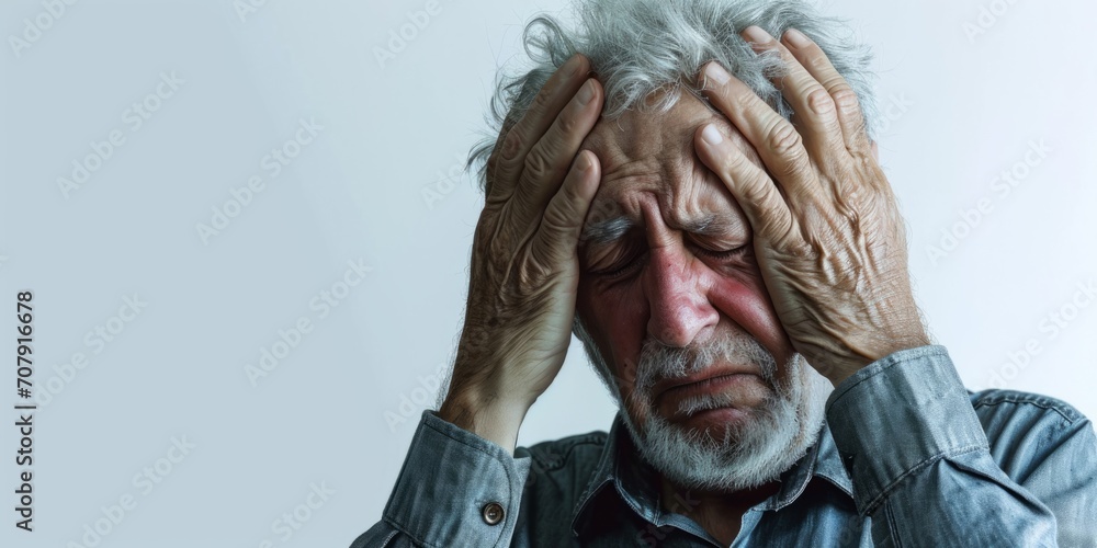 an elderly man holds his head from a migraine, severe pain Generative AI - obrazy, fototapety, plakaty 