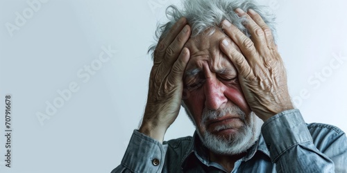 an elderly man holds his head from a migraine, severe pain Generative AI photo