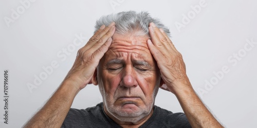 an elderly man holds his head from a migraine, severe pain Generative AI