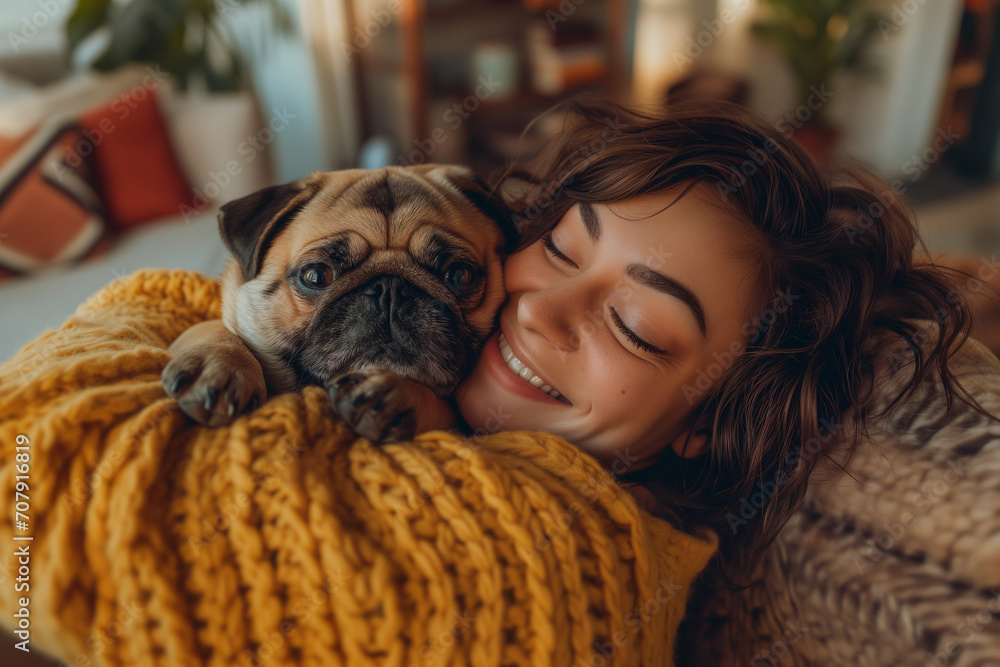 Happy curly-haired woman hugging her pug dog in a living room Happy curly-haired woman hugging her pug dog in a living room