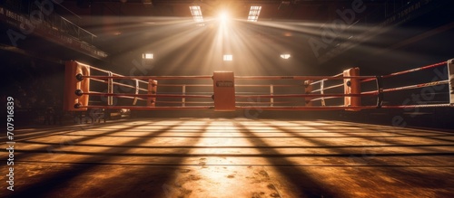Empty boxing ring in arena, spot lights, smoke and dark night scene. photo