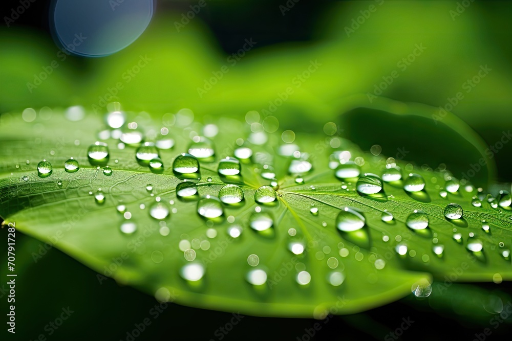 Macro perspective of a vibrant lotus leaf, adorned with sparkling water droplets, reflecting sunlight during summer (shallow focus and blurred background). Macro perspective of a vibrant lotus leaf, adorned with sparkling water droplets, reflecting sunlight during summer (shallow focus and blurred background).