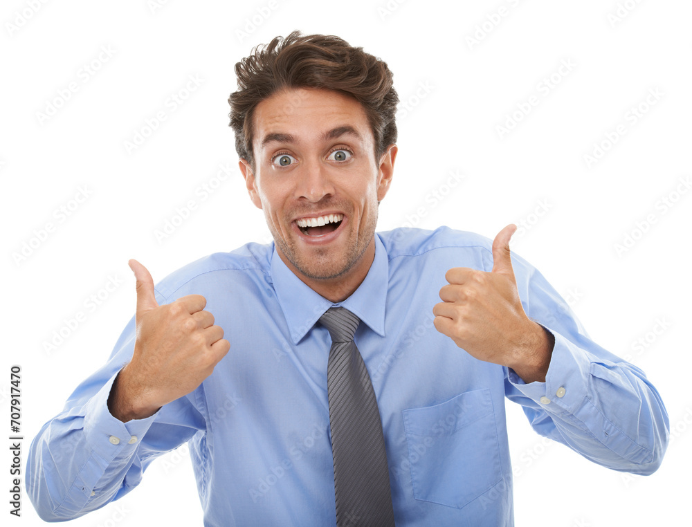 Happy businessman, portrait and thumbs up for winning, good job or thank you against a white studio background. Face of excited male person smile with like emoji, yes sign or OK in business promotion Happy businessman, portrait and thumbs up for winning, good job or thank you against a white studio background. Face of excited male person smile with like emoji, yes sign or OK in business promotion