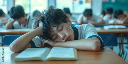 GeneratiAsian schoolboy is tired and sleeping at his desk in the classroom ve AI photo