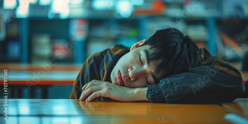 GeneratiAsian schoolboy is tired and sleeping at his desk in the classroom ve AI
