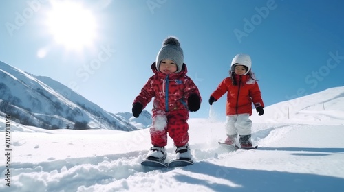 Kids have winter fun sport activities in snowy mountains. Little child snowbarding luxury alpine resort mountain