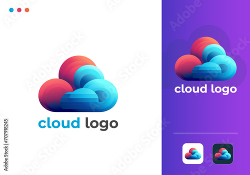 Cloud Logo Design Vector Template. Modern Abstract AI-Based Cloud Server Company Logo Symbol. Isolated Colorful Cloud Network or Storage or Broadband or ISP Company Logo Illustration With App Icon.