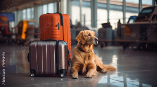 Concept of traveling with pets: a dog retriever sits at the airport or train bus station waiting for the plane next to the suitcases