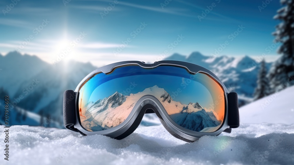 Ski goggles in the snow. Mountains reflect out of glass. ski goggles with reflection of mountains isolated on white - obrazy, fototapety, plakaty 