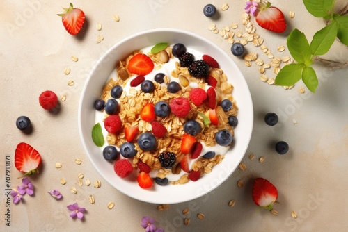 Granola topped with muesli and berries, viewed from above.