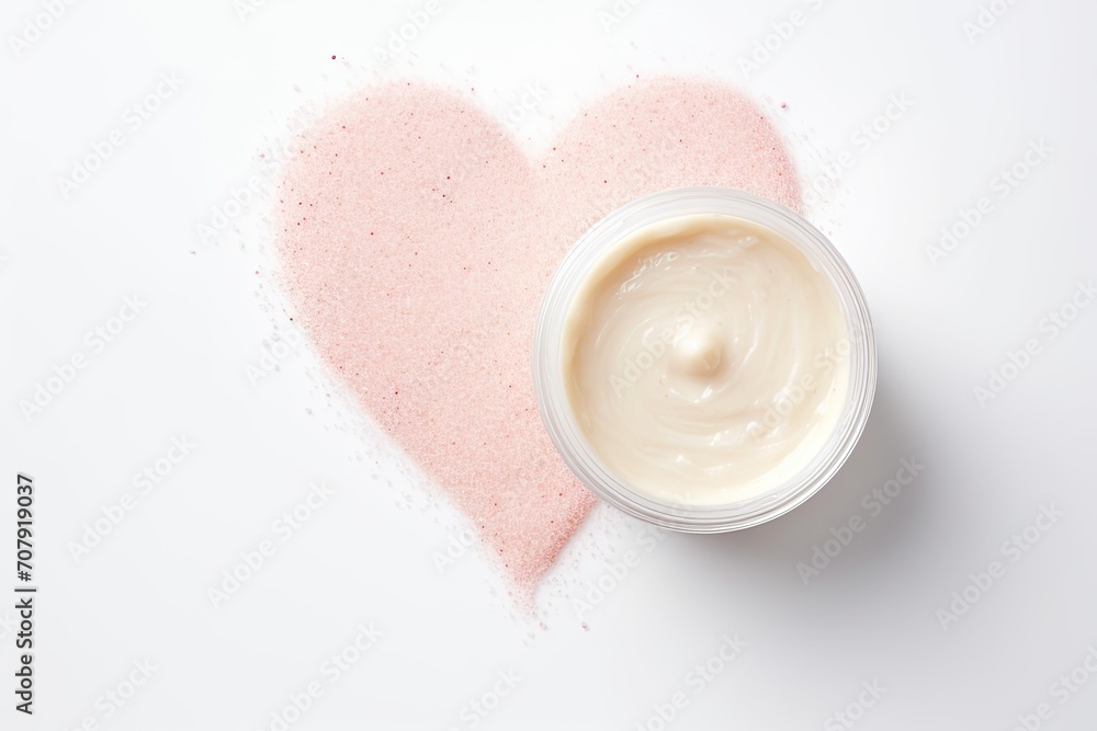 Heart shaped face scrub with organic cream skincare Oily cleanser smudge on feet Gel particles in white fluid treatment Overhead view Heart shaped face scrub with organic cream skincare Oily cleanser smudge on feet Gel particles in white fluid treatment Overhead view