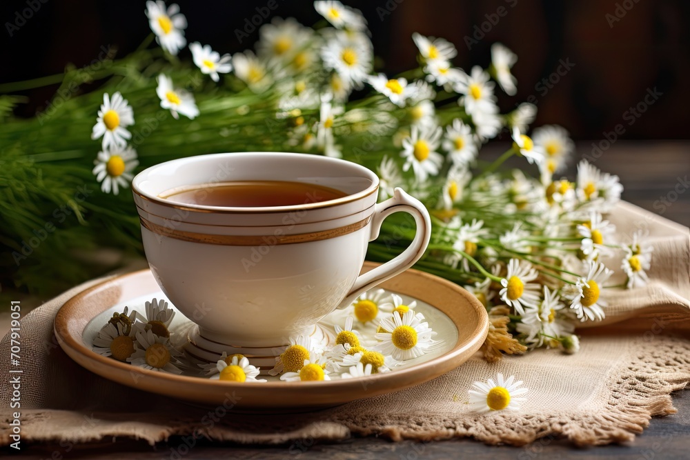 Fresh chamomile flowers in a ceramic mug on a linen tablecloth, brewed as herbal tea. Fresh chamomile flowers in a ceramic mug on a linen tablecloth, brewed as herbal tea.