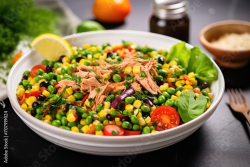 Mexican corn salad featuring tuna, vegetables, and olives on a white table.