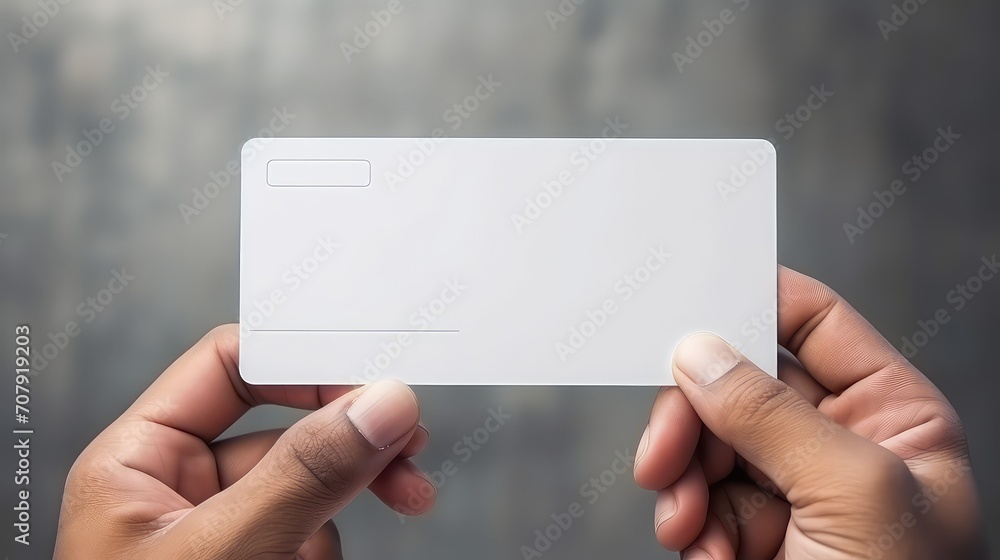 Close up of hands holding blank white business card with copy space. Close up of hands holding blank white business card with copy space.