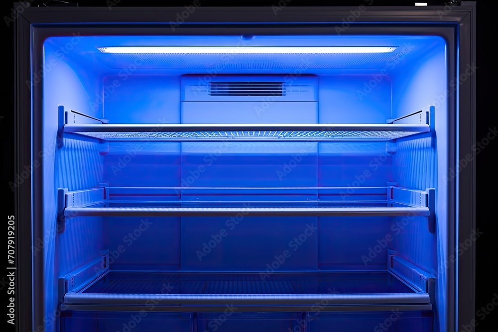 Obraz premium Open white refrigerator with blue light inside.