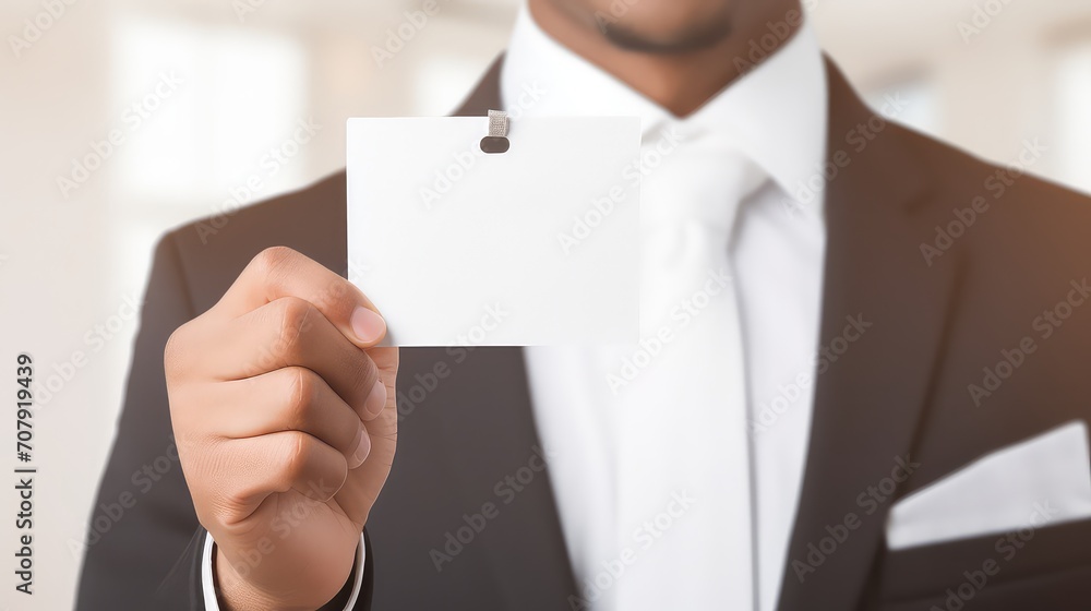 Businessman showing blank ID card, business card mockup Businessman showing blank ID card, business card mockup