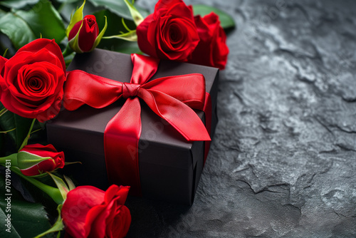 Elegant gift box adorned with a red ribbon lies next to a bouquet of red roses on a textured slate background  Valentine s Day Gift.
