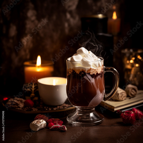 A beautiful cup of cocoa, steam above the cup, sweets on the table, unusual interior. Restaurant.