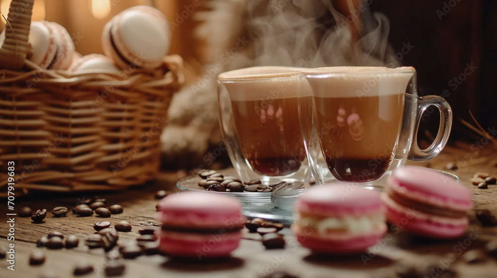 A beautiful cup of cocoa, steam above the cup, sweets on the table, unusual interior. Restaurant. A beautiful cup of cocoa, steam above the cup, sweets on the table, unusual interior. Restaurant.