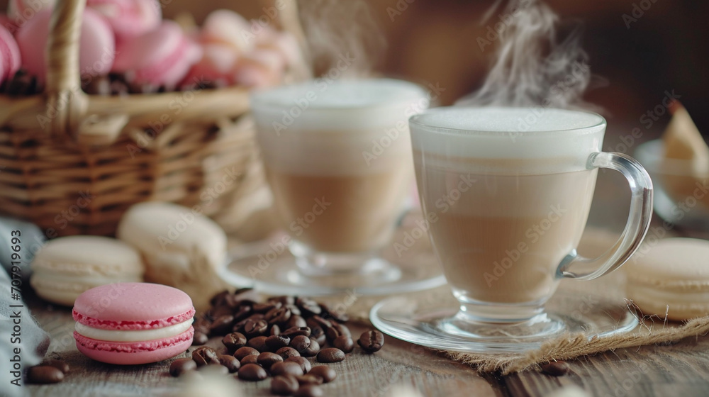 A beautiful cup of cocoa, steam above the cup, sweets on the table, unusual interior. Restaurant. A beautiful cup of cocoa, steam above the cup, sweets on the table, unusual interior. Restaurant.