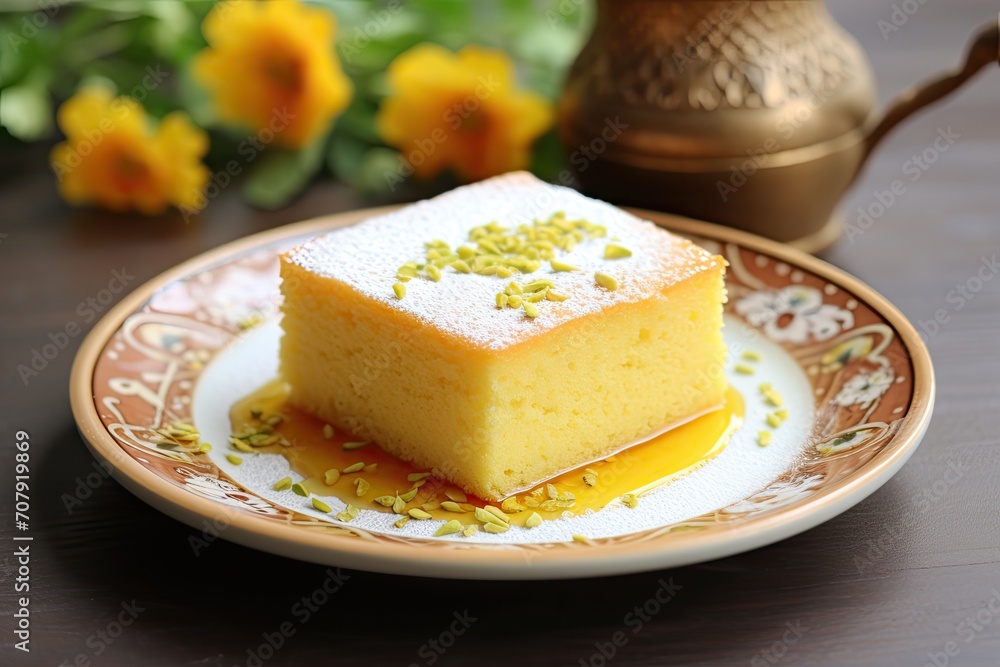 White plate with milk cake and saffron. White plate with milk cake and saffron.