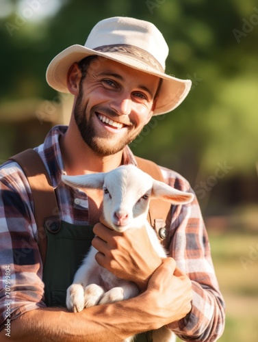 photo of happy senior female Farmer holding goatling in field, closeup.