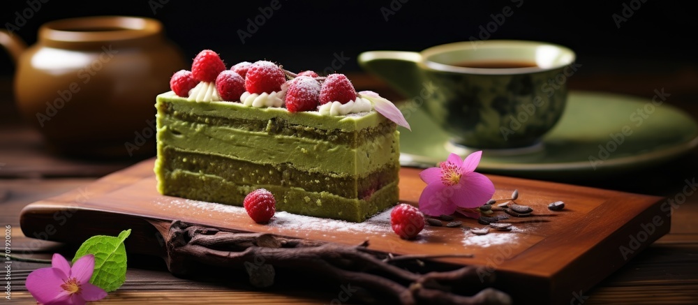 Taiwanese cuisine: Matcha and red bean dessert on wooden table