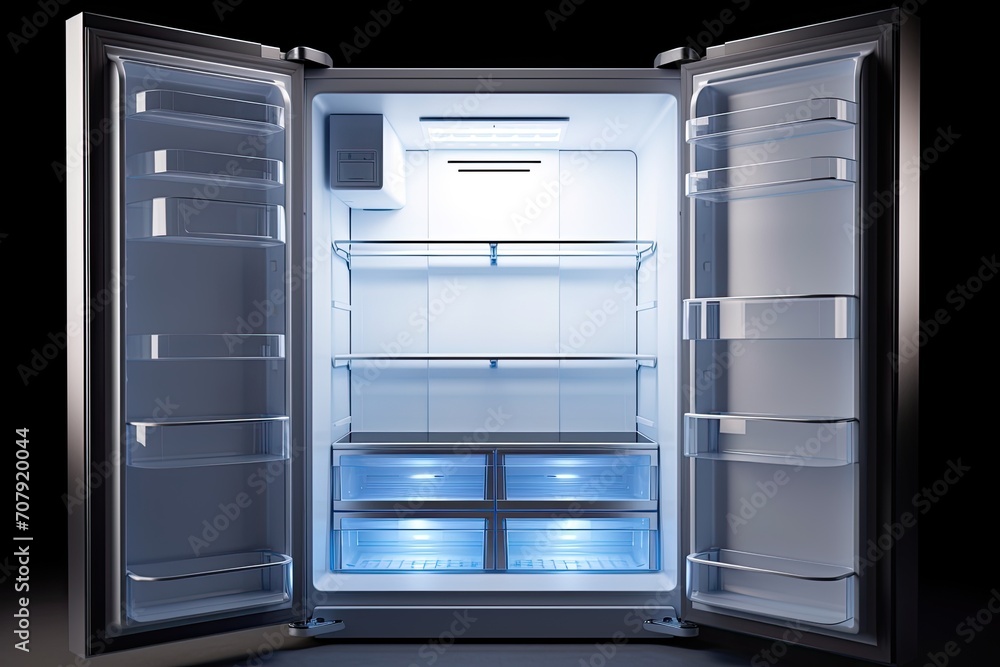 New clean open refrigerator, empty inside. New clean open refrigerator, empty inside.