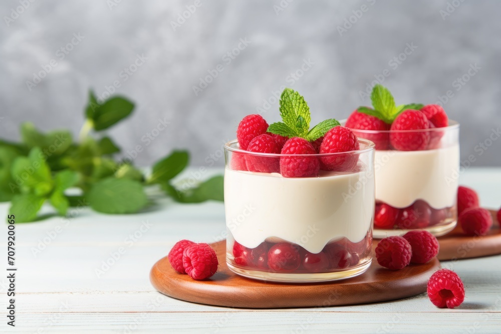 Italian panna cotta with raspberries, served in clear plastic cups on a white wooden board, representing a healthy and delicious dessert. Italian panna cotta with raspberries, served in clear plastic cups on a white wooden board, representing a healthy and delicious dessert.