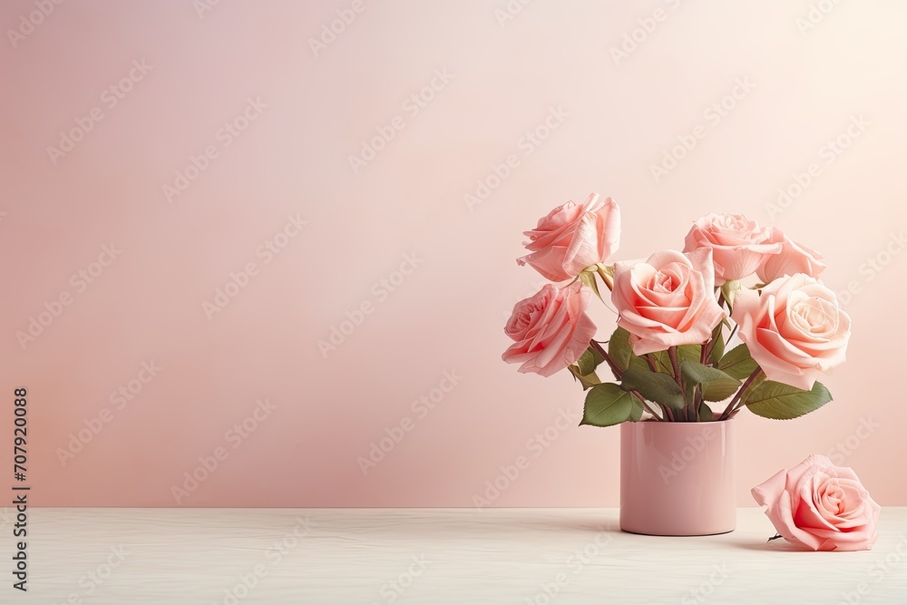 Pink rose bouquet on white podium, light and shadow background. Minimal empty product presentation.