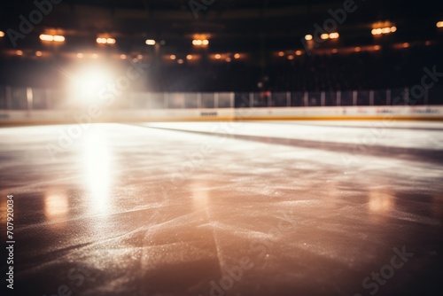 Low-angle view of a hockey arena filled with fans  focused on the ice with lighting flare in background.