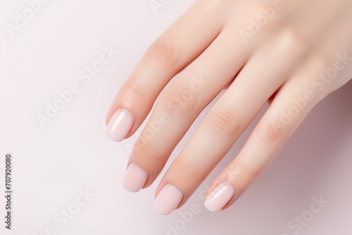 Pink manicured hand on a light background empty space
