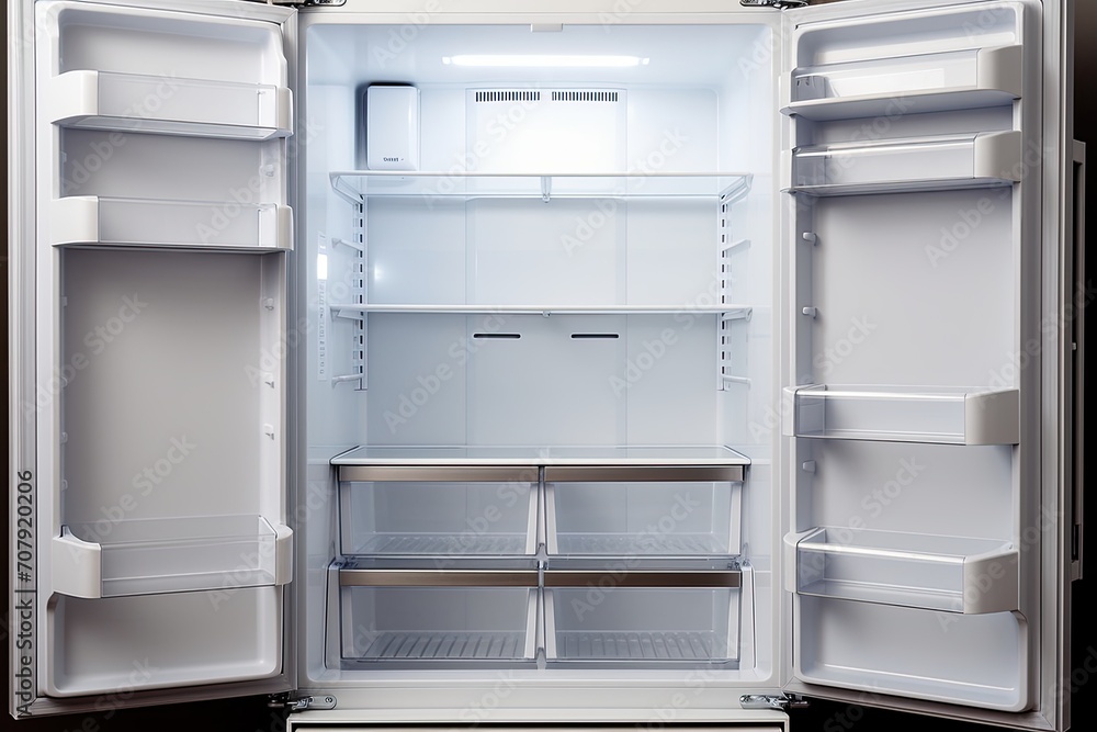 Empty refrigerator with open door, close up, clean new fridge. Empty refrigerator with open door, close up, clean new fridge.