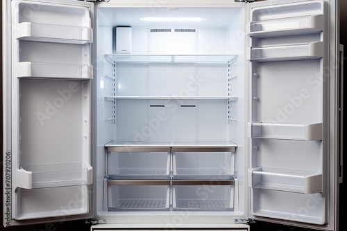 Empty refrigerator with open door, close up, clean new fridge.