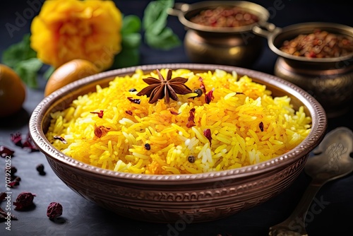 Selective focus on white ceramic bowl with saffron rice or kesar chawal.