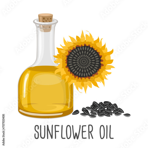 Sunflower oil, sunflower seeds and flowers. Sunflower seed oil in a bottle. Food. Illustration, vector