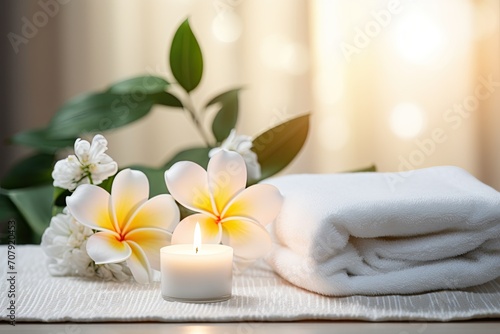 Spa set on white table, including beauty and fashion items. Spa towel with candle, plumeria, and tree also on table.