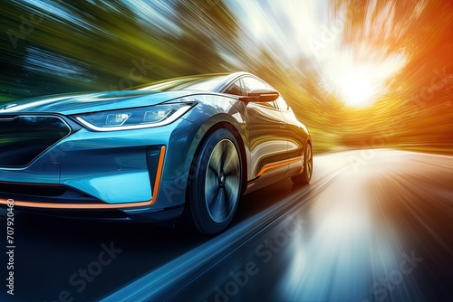 Fast electric vehicle car with speedometer. Low angle side view of car speeding with motion blur, Double exposure.