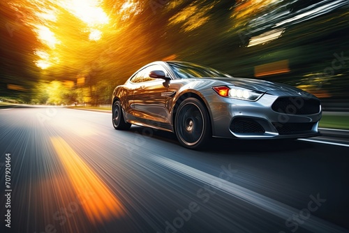 Fast-moving car with speedometer. Low-angle side perspective of speeding vehicle with motion blur. © The Big L