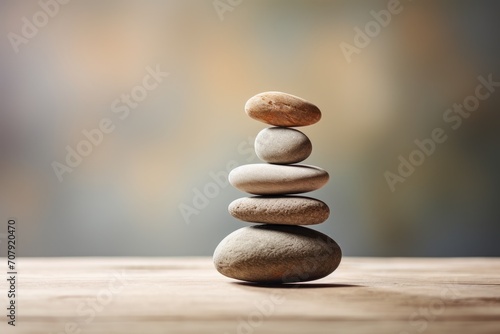 Zen stones stacked on a table  representing Zen.
