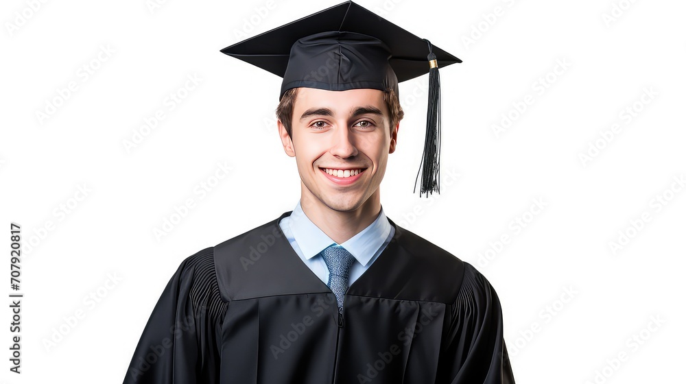 Portrait of a happy young man in graduation gown and cap isolated on white background