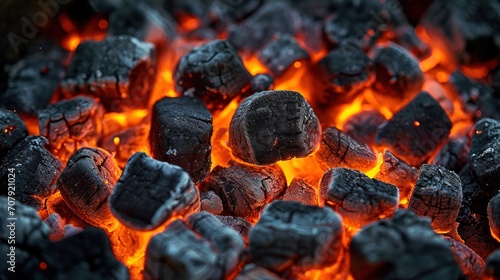 Glowing hot charcoal briquettes ready for grilling on a barbecue.