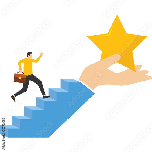 concept for success, vision to lead a business to achieve goals or opportunities in career concept, intelligent confident person climbing the ladder to reach the star at the top
