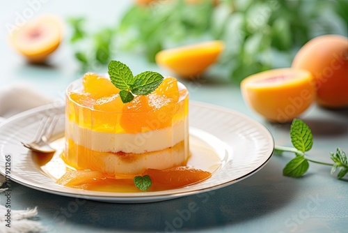 Text space for tangerine peach citrus dessert. photo