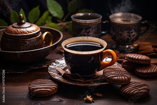 Choco pies and tea on wooden surface  overhead view