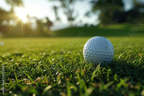 Golf ball on green grass ready to be shot at golf course, Ai Generated