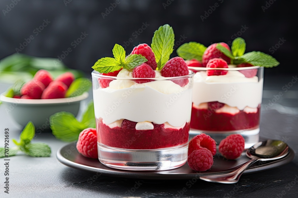 Layered cold dessert in two glasses adorned with raspberry sauce, buttermilk cream, fresh berries, and lemon balm leaves. Concept of homemade healthy sweet treat. Layered cold dessert in two glasses adorned with raspberry sauce, buttermilk cream, fresh berries, and lemon balm leaves. Concept of homemade healthy sweet treat.